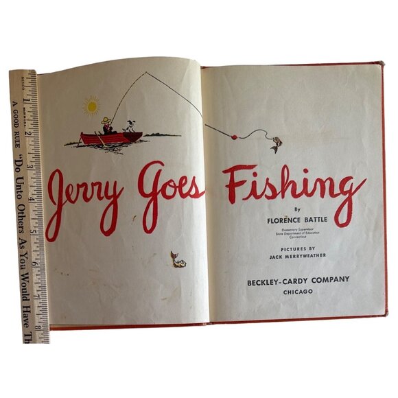 Jerry Goes Fishing 1942 School Book Florence Battle HC Illust Jack Merryweather - Picture 2 of 16